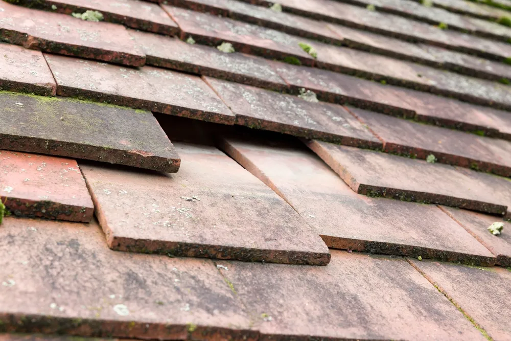 Missing clay roof tile after storm damage